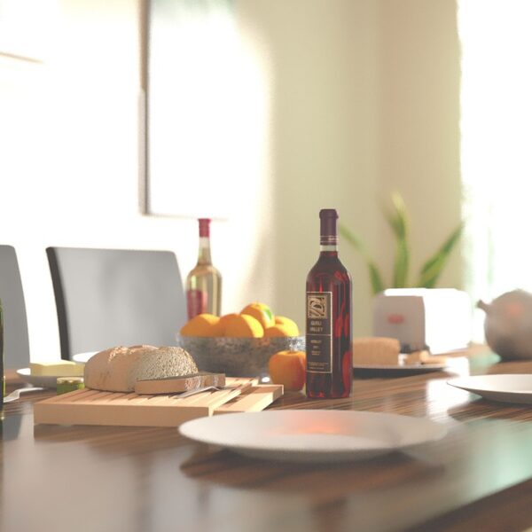 bottle, breakfast, dining table