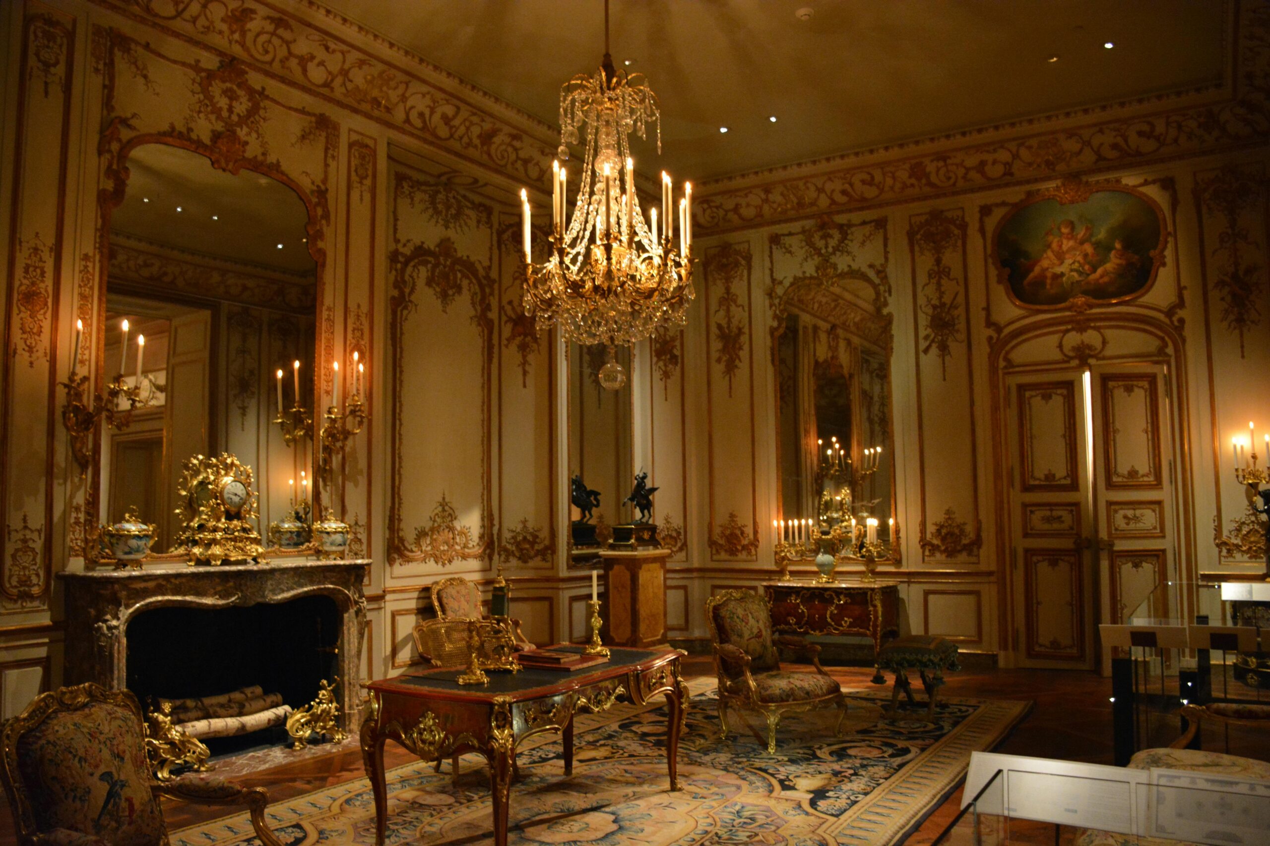 Elegant and opulent palace interior with chandeliers and lavish decor.
